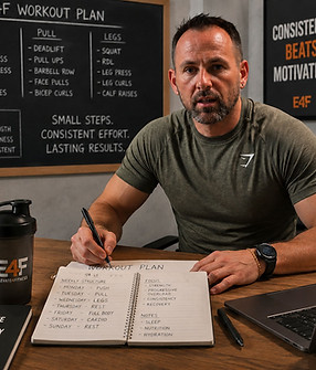 Fitness coach writing an E4F workout plan for strength.