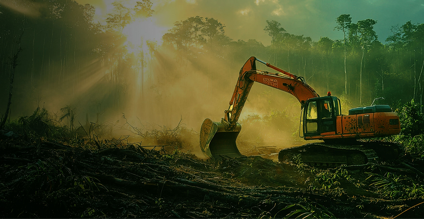 Excavator in deforested area, sun rays through trees