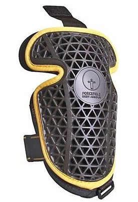 A shoulder protector armour plate with a black mesh and a yellow outline around the mesh.