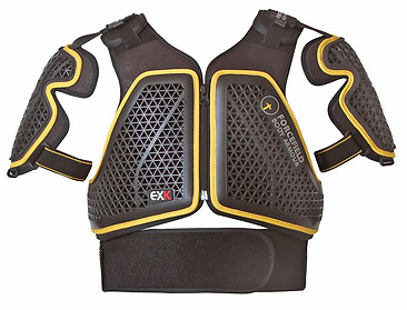A black mesh armoured chest harness with shoulder protective pads and yellow outlines around all the armoured plates.