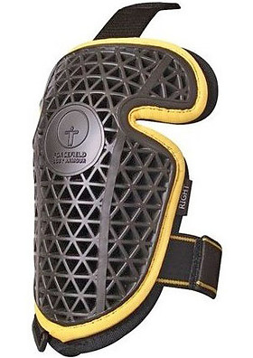 A shoulder protector armour plate with a black mesh and a yellow outline around the mesh.