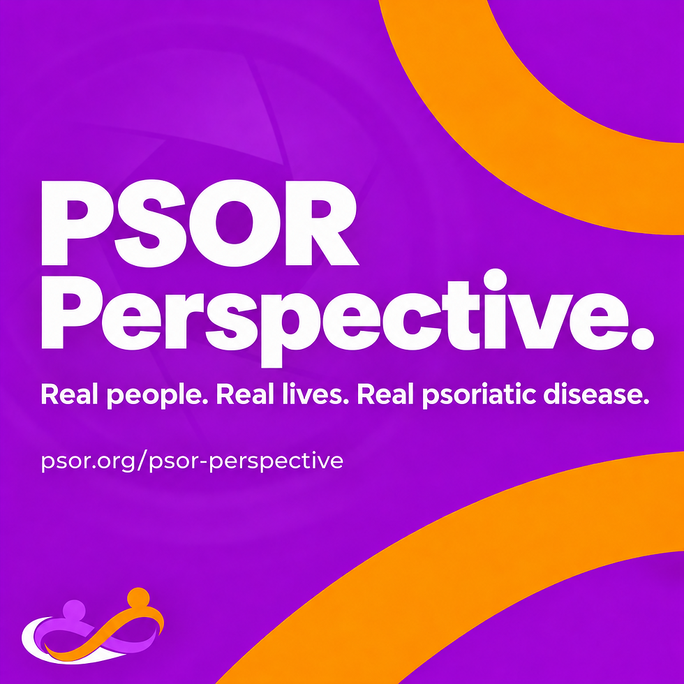 Purple PSOR Perspective poster with orange arcs and text: Real people. Real lives. Real psoriatic disease.