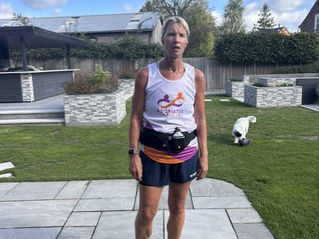 Andrea, with her last big training run, sporting the Psoriatic Disease UK Running Vest
