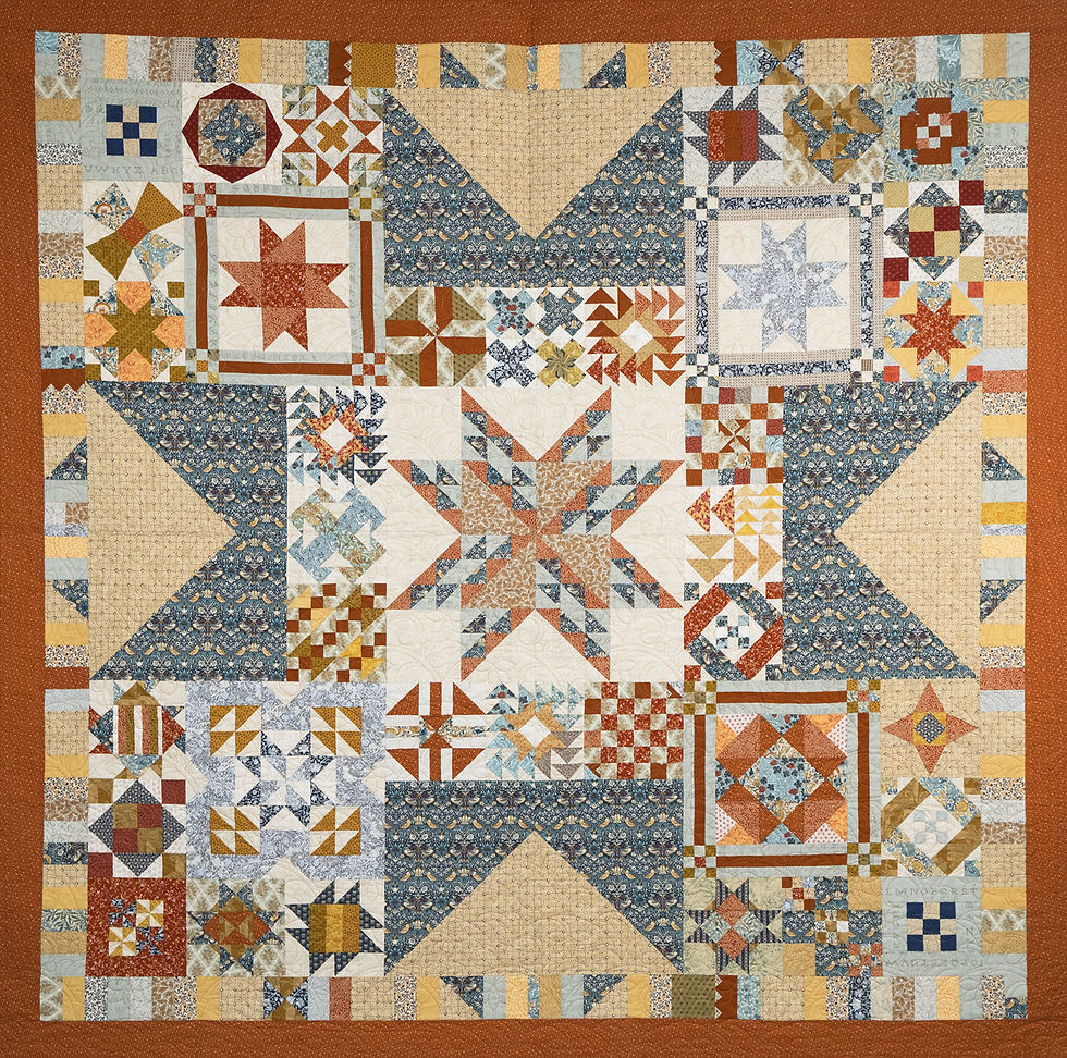 Patchwork quilt with blue, cream, rust and gold star blocks on a brown border, featuring intricate geometric patterns.