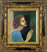 Oil painting of contemporary artist Leimia Hotta.Oil painting on Hardboard with framed photo. Blue dressed lady opening door. This artwork with "Super dots" technique which 1/10 mm dots on over 100 layers.The photo is painting with framed but this frame is not include for sale.