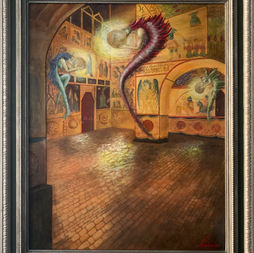 Three Sisters Who Sucking Three Sun, symbolic painting showing three women drawing energy from three suns. Painted in 2006 using tempera, acrylic, and oil on hardboard by. Framed piece by Japanese artist Leimia Hotta, active in the New York 