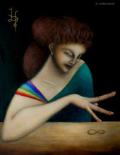 Oil painting of contemporary artist by Leimia Hotta.Lady sitting on table.Playing with her finger which makes infinity figure shadow. Lady wearing rainbow shoulder strap dress. 2021. Super dots technique (1/10mm dots with over 100 layer up.Artist loves middle age paintings so this one indicate respect middle age icon paintings.