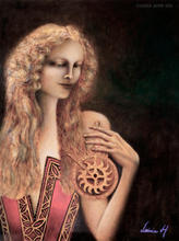 Oil painting of contemporary artist LEIMIA HOTTA. Beautiful blonde lady who wear beautiful red dress. She is holding mysterious Astrolabe. Oil painting on 2021.