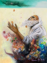 New painting of NY artist Leimia Hotta. 9”x12” (23cm x 30.5cm) Small size mixed media painting. Titled “Atto”. The title came from “Attosecond”. Elderly man receiving from sky.