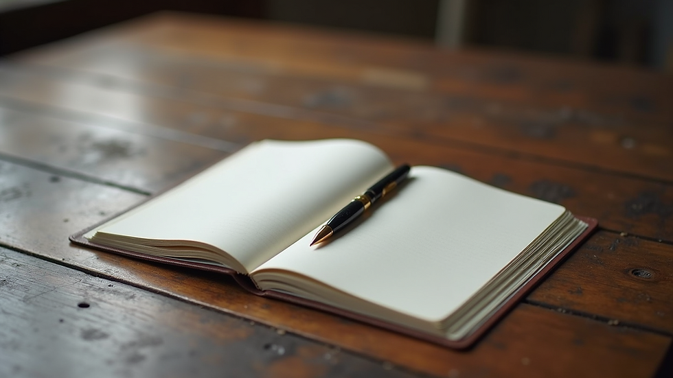 Eye-level view of an open journal with a pen on a rustic wooden table
