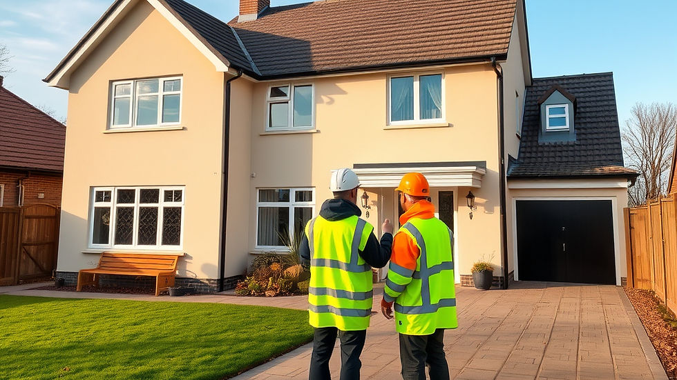 two contractors standing outside a house with high vis jackets on.