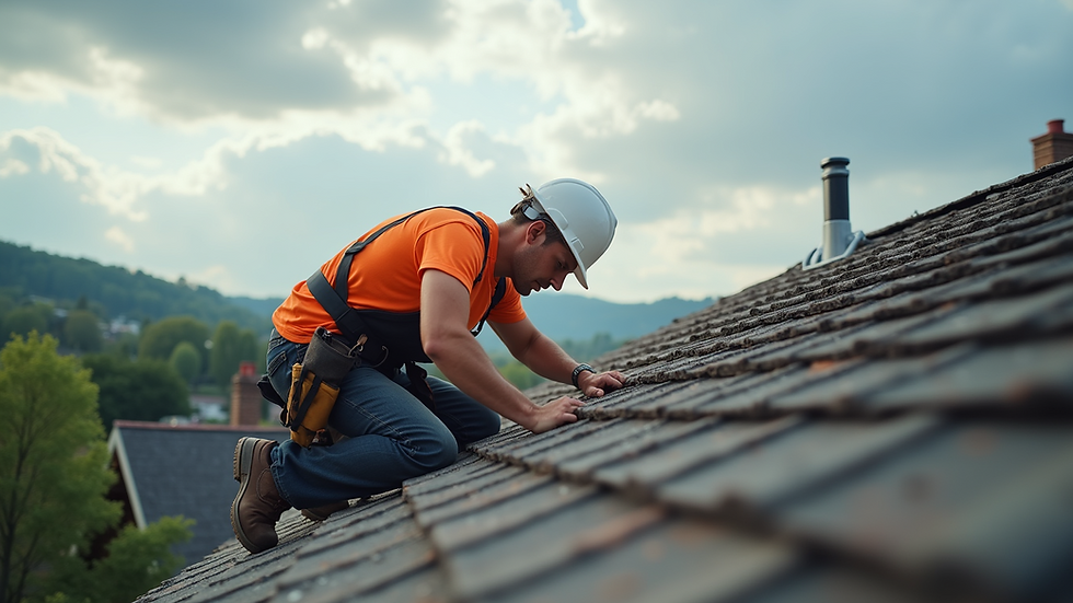 Eye-level view of a professional roofer inspecting a residential roof