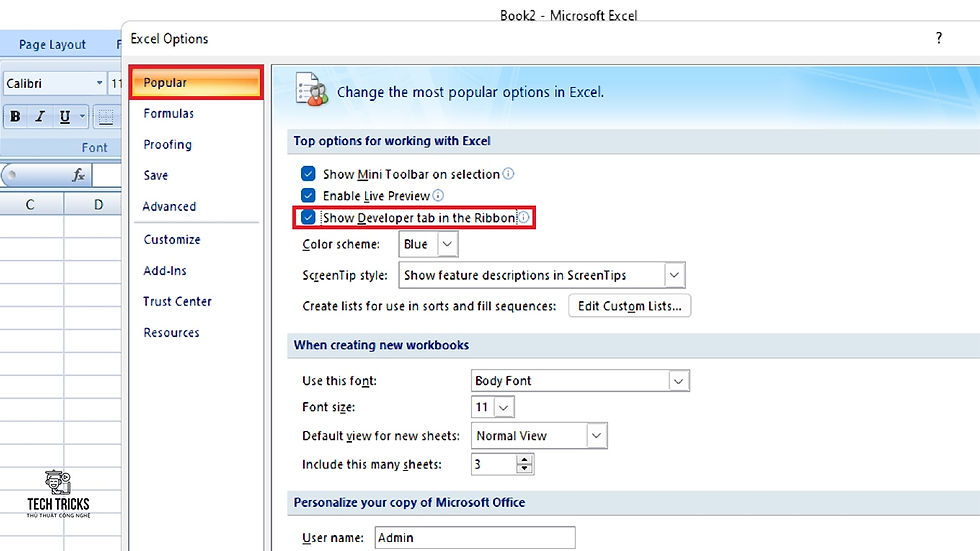 Cách thêm tab Developer vào Excel