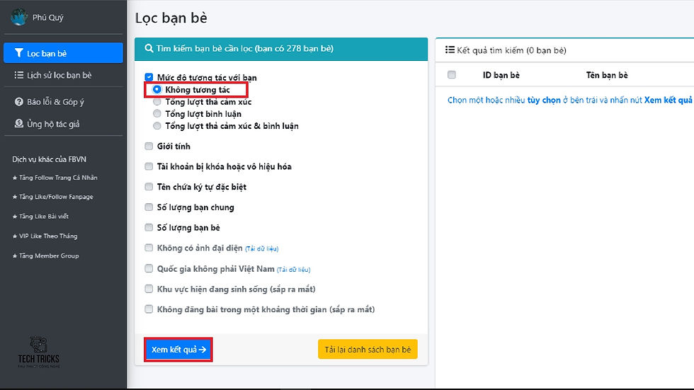 Cách lọc người không tương tác trên facebook với FBVN
