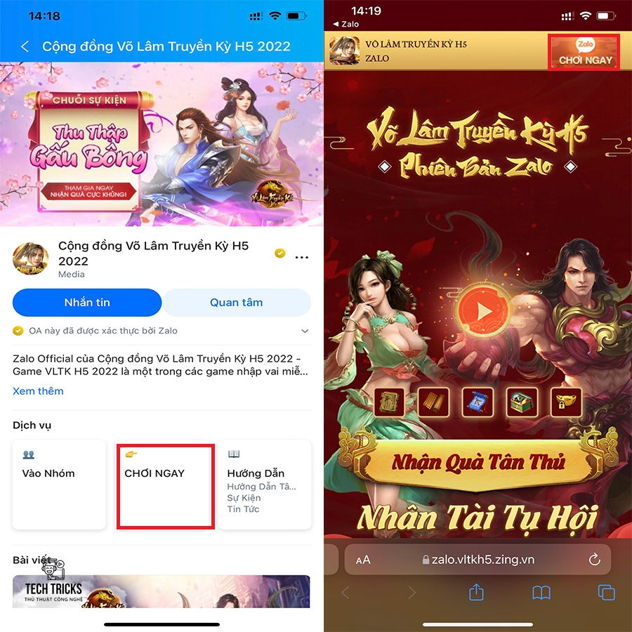 Chơi Võ Lâm Truyền Kỳ H5 trên Zalo mà không cần tải về máy