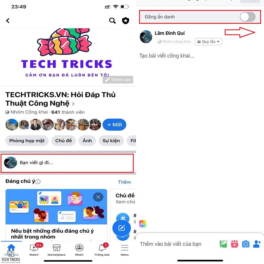 Đăng bài ẩn danh trên nhóm Facebook bằng điện thoại