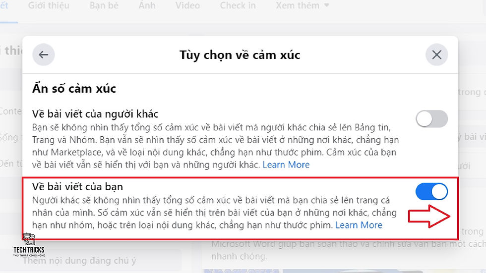 Cách ẩn số lượt cảm xúc trong bài viết cá nhân