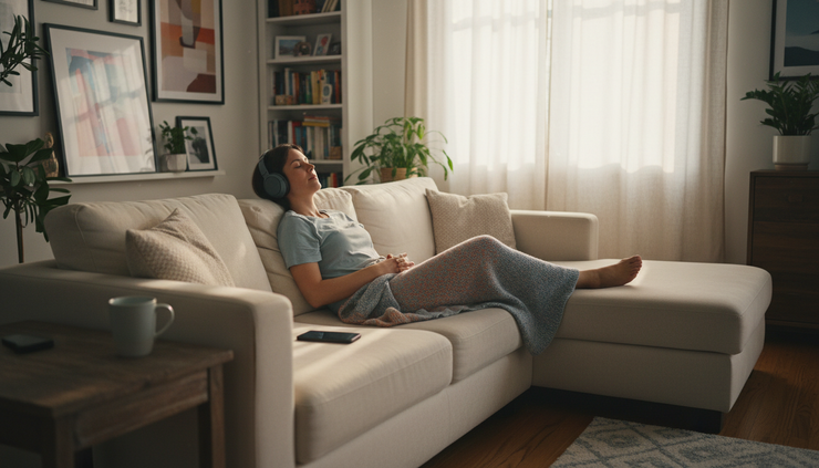Eye-level view of a listener relaxing on a couch with headphones