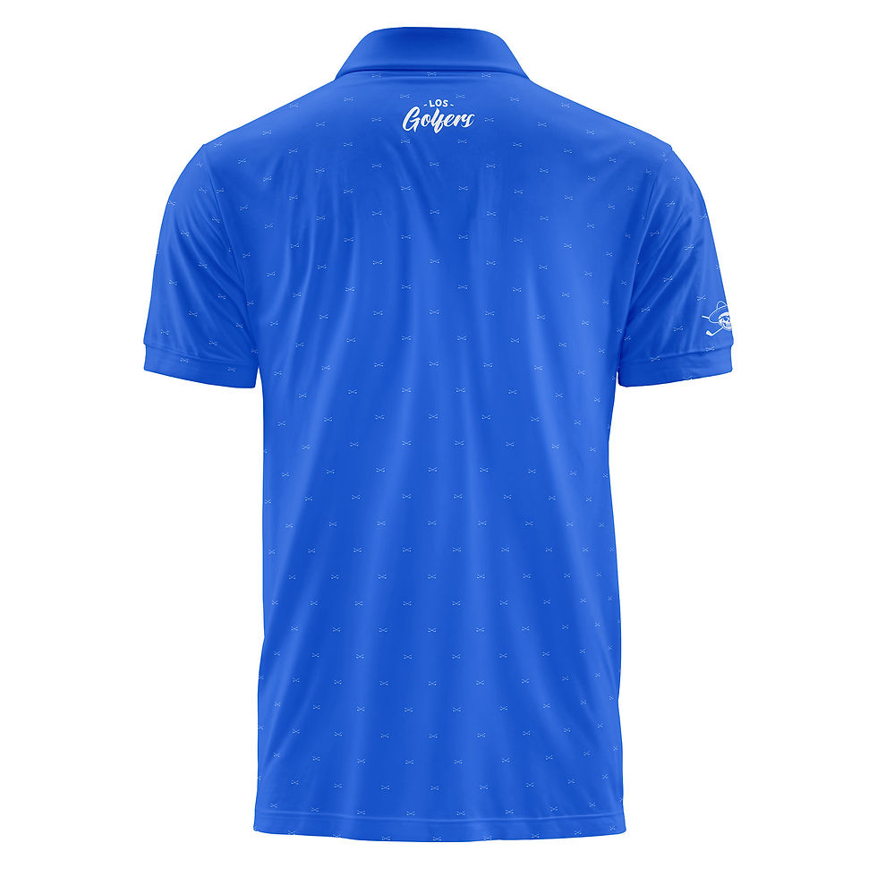 Back view of Los Golfers Iron Cross Pattern Polo Blue showing full pattern and Los Golfers branding