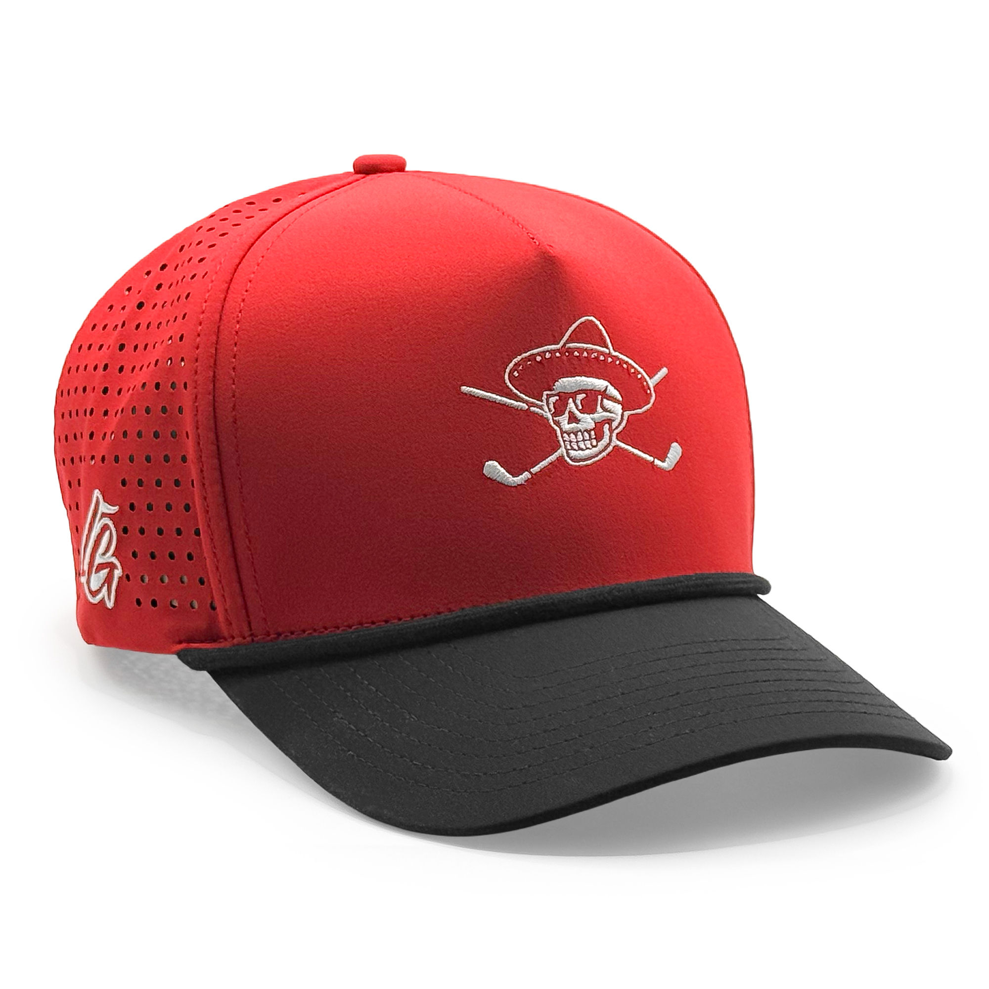 Calavera Icon Golf Cap Red - Premium red golf hat with 3D puff skull in sombrero and crossed golf clubs embroidery