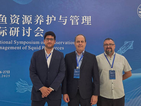 Renato Gozzer, Alfonso Miranda y Rodrigo Wiff, representantes de CALAMASUR en el Simposio Internacional para la Conservación y el Manejo de los Calamares.