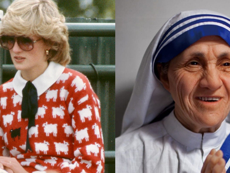 Side-by-side portraits of Princess Diana in a red sheep-patterned sweater and Mother Teresa in her traditional white and blue habit.