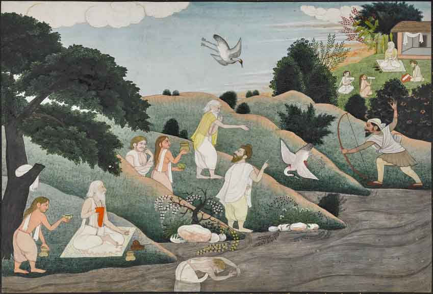 Valmiki and the death of the Sarus crane, Kangra school, circa 1775-1800.