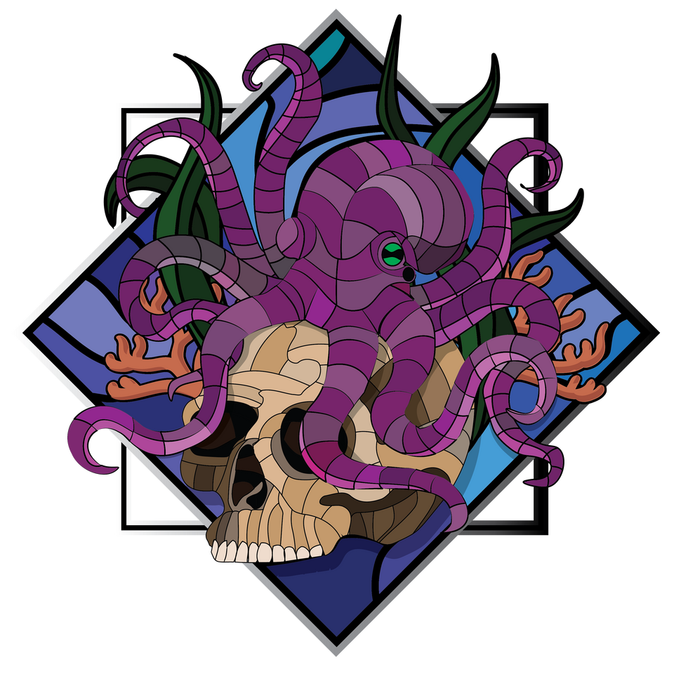 A vibrant, graphic illustration of a purple octopus wrapped around a human skull, set against a dark blue diamond-shaped background with green seaweed elements.