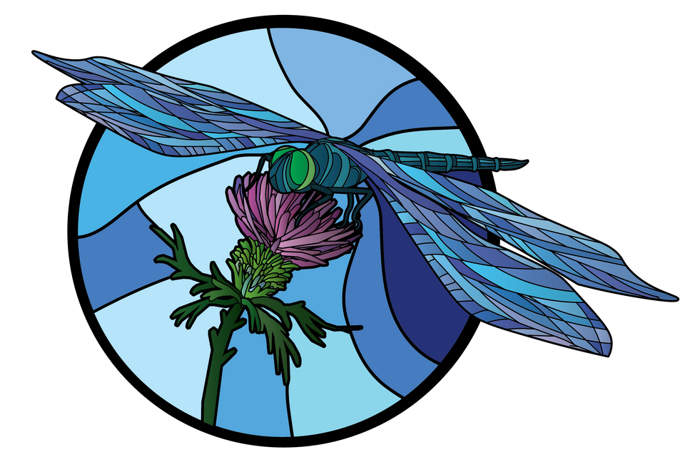 A circular, stained-glass style digital graphic featuring a detailed blue and green dragonfly resting on top of a purple thistle flower.