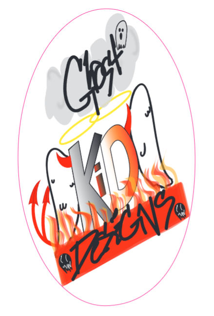 An oval sticker-style logo design featuring stylized, graffiti-inspired typography that reads 'Ghost Kid Designs' with red flame details.