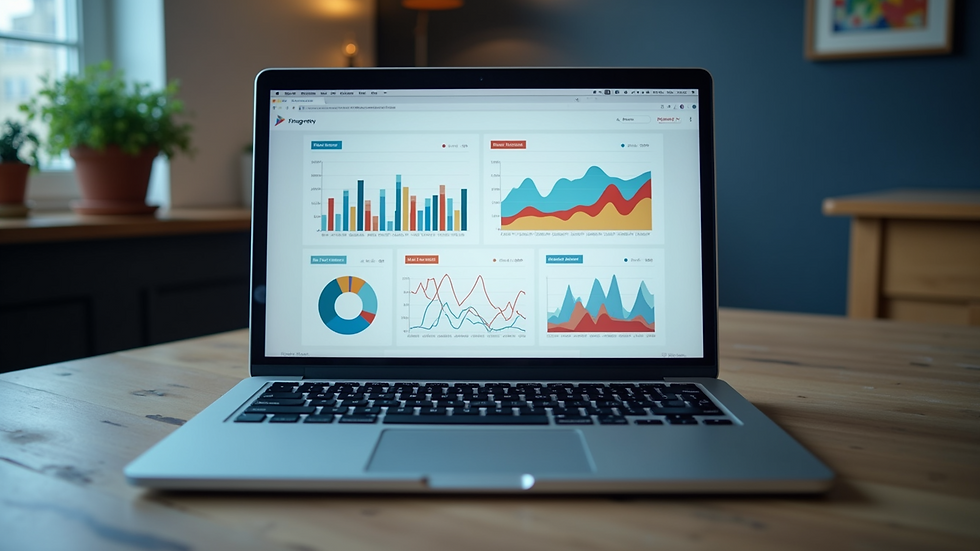 Eye-level view of a laptop screen showing a colorful analytics dashboard