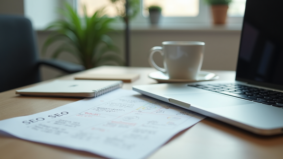 Eye-level view of a workspace with a laptop, coffee cup, and SEO notes