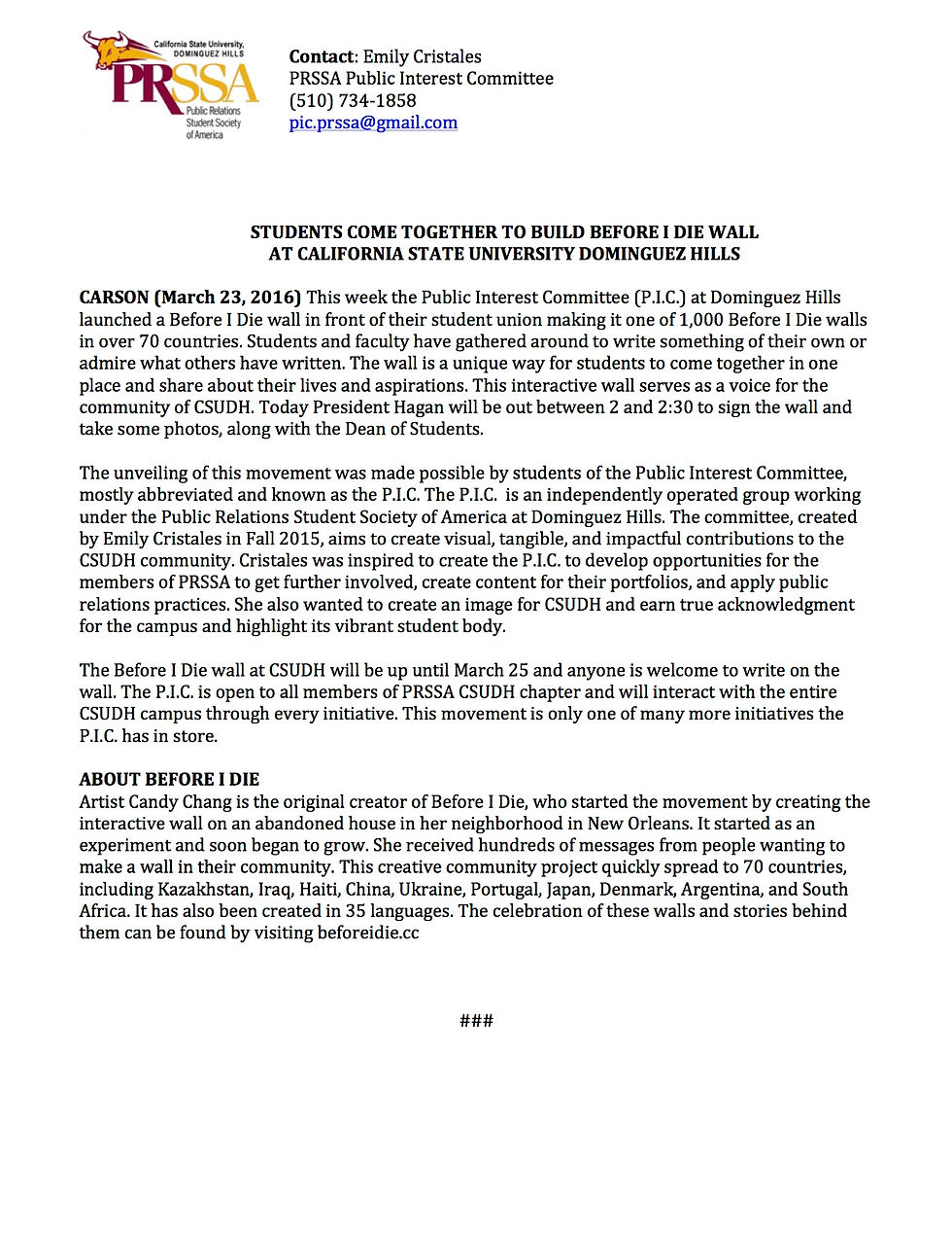 Before I Die Press Release