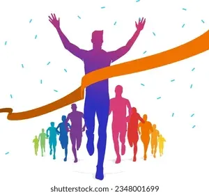 A colorful, stylized illustration of a group of runners, with one person in the lead breaking through a red-orange finish line ribbon. The lead runner has arms raised in victory, while others follow behind in vibrant silhouettes. Confetti falls around them, symbolizing celebration and accomplishment.