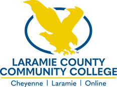 Laramie County Community College logo featuring a bold yellow eagle in flight enclosed within a blue oval. Below the eagle, the text reads “LARAMIE COUNTY COMMUNITY COLLEGE” in uppercase blue letters, with “Cheyenne | Laramie | Online” listed underneath in smaller text.