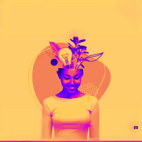 A stylized image of a smiling woman with her eyes closed, shown from the shoulders up. Her head is illustrated as open at the top, with creative elements emerging— including a light bulb, pink and blue leaves, and abstract shapes—symbolizing ideas, creativity, and learning. The background features soft blue geometric patterns, evoking a calm, thoughtful atmosphere.