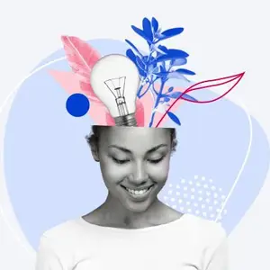 A stylized image of a smiling woman with her eyes closed, shown from the shoulders up. Her head is illustrated as open at the top, with creative elements emerging— including a light bulb, pink and blue leaves, and abstract shapes—symbolizing ideas, creativity, and learning. The background features soft blue geometric patterns, evoking a calm, thoughtful atmosphere.