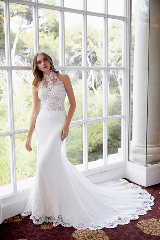 Devona by Ronald Joyce Wedding dress with high lace neckline - wedding dress stockist in Lincolnshire