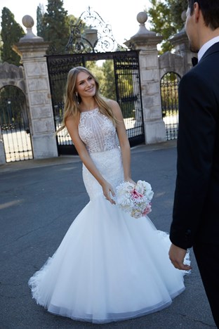 Delpha by Ronald Joyce - with it's stunning high neckline and beautiful lace pattern - wedding dress stockist in Lincolnshire