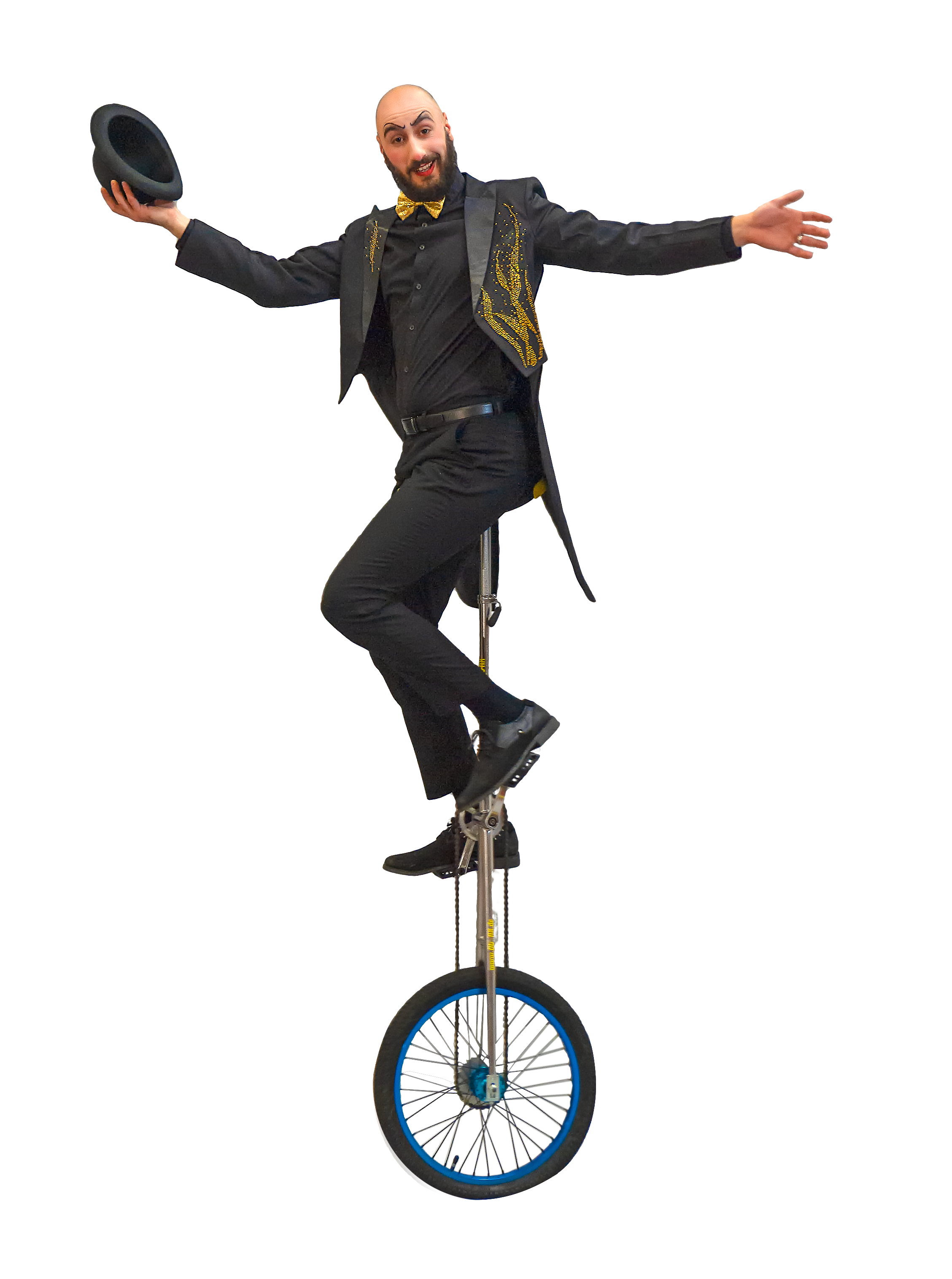 Photo du déséquilibriste sur son monocycle "girafe" saluant son public