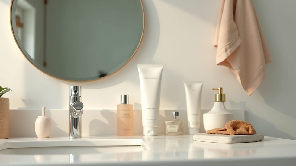 Eye-level view of a bathroom counter with morning skincare products neatly arranged