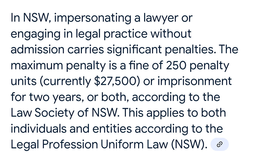 Impersonating a lawyer offences. A case of Natalie Miller and Owen Nanlohy of Piper Alderman. Those rules do not apply as shown by NSW Legal Commissioner and Law Society of NSW Professional Standard Department.