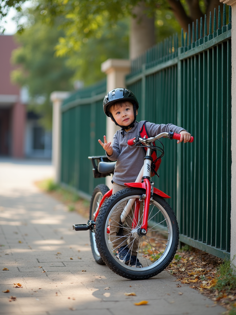 Children's colorful bicycle leaning against a gate with a school backpack.