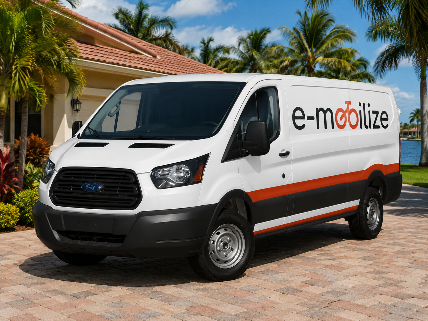 Mobile bike repair van parked at a driveway in Tampa Bay.