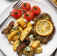 Greek Lemon & Garlic Lamb Steaks with Eggplant and Potatoes