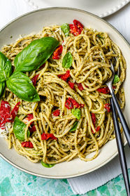 Spaghetti with Home-Made Cashew Basil Pesto and Semi-Sundried Tomatoes, gluten-free