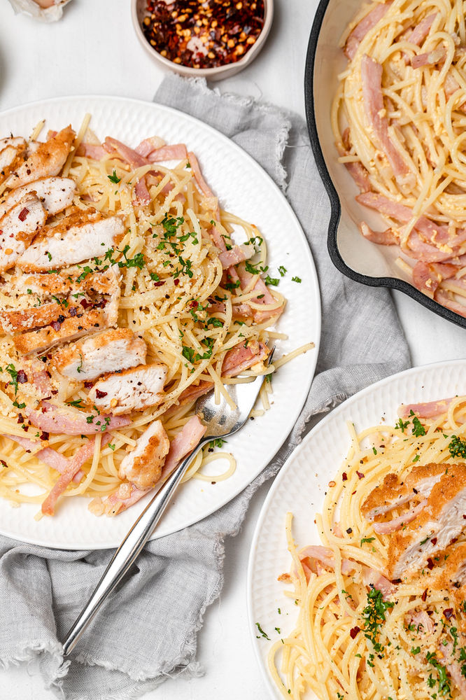 Spaghetti Carbonara with Parmesan Crusted Chicken