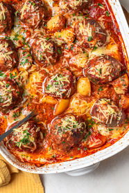 Baked Meatballs and Potatoes in Rich Tomato Sauce