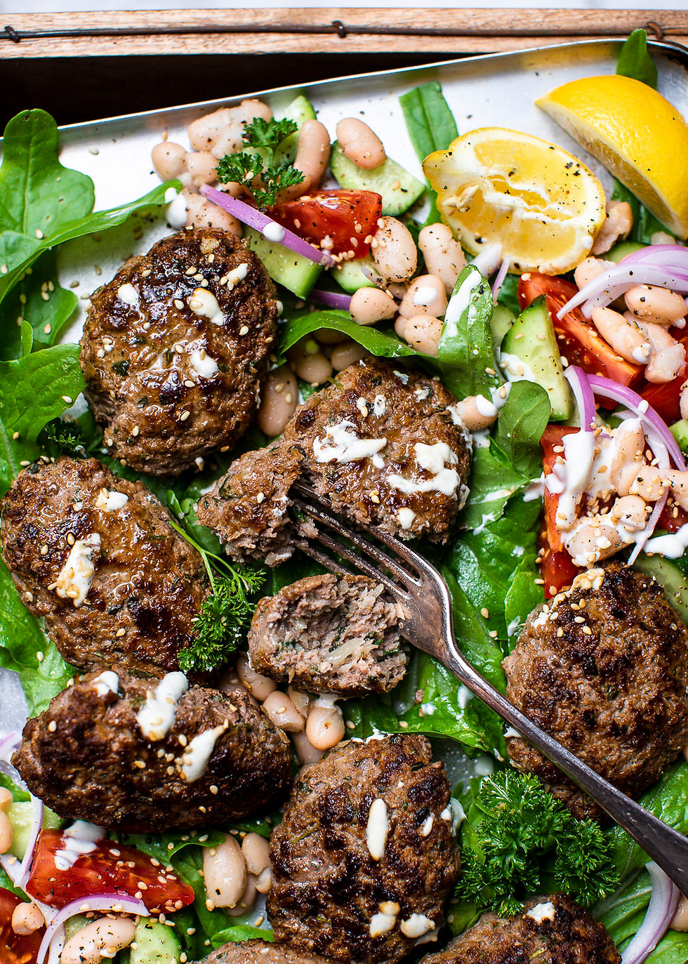 Herb Kafta with Bean Salad and Yoghurt Dressing