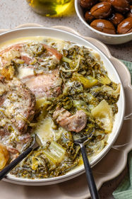 Greek Pork Fricasseé with Endive in Creamy Lemon Sauce
